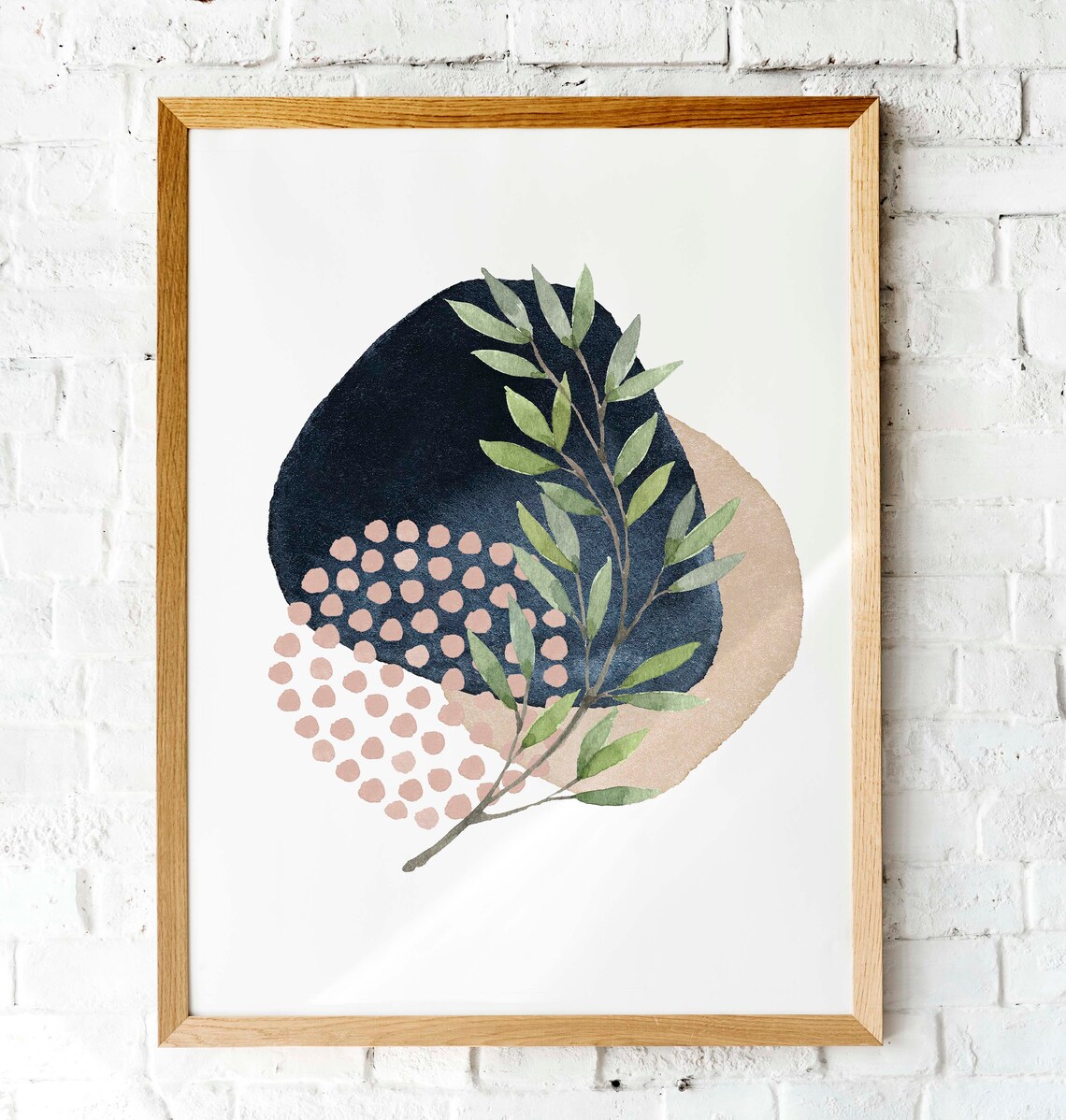Abstract Watercolor Botanical Navy Tan Pink Dots Modern Art Poster