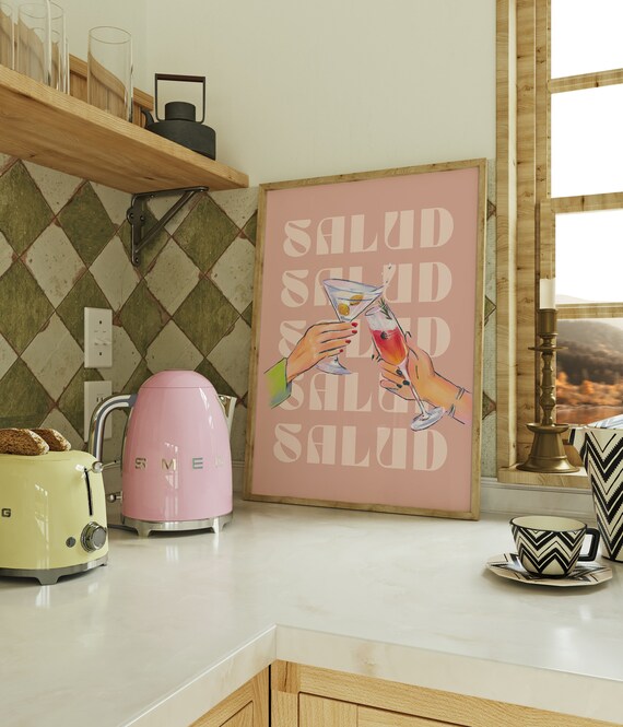 Salud Cocktail Cheers Pink Retro Kitchen Bar Cart Artwork Poster
