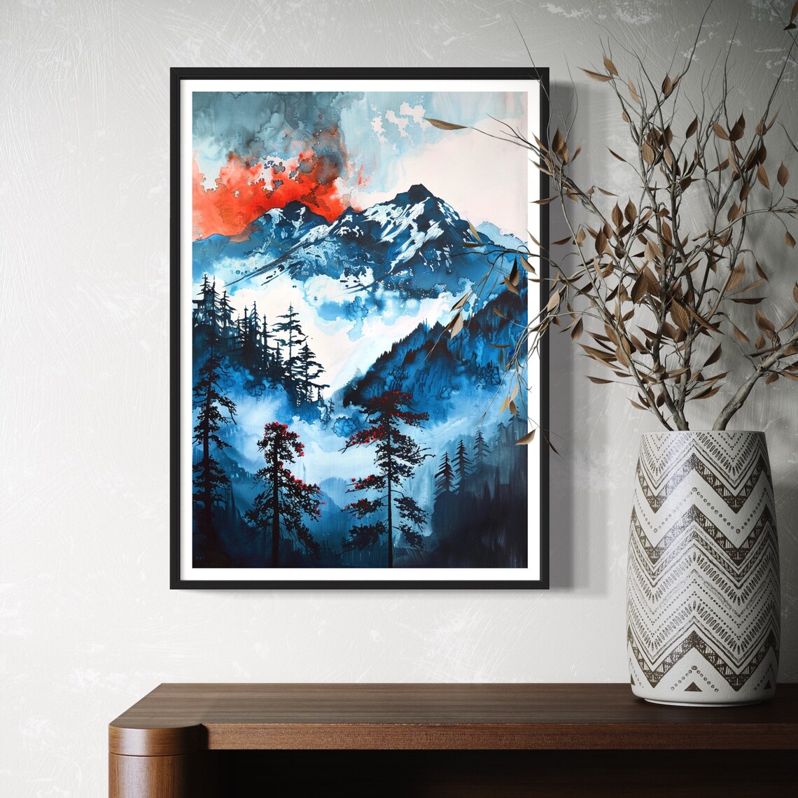 Blue Snow Mountain Pines Red Sky Japanese Ink Landscape Travel Poster - Image 3