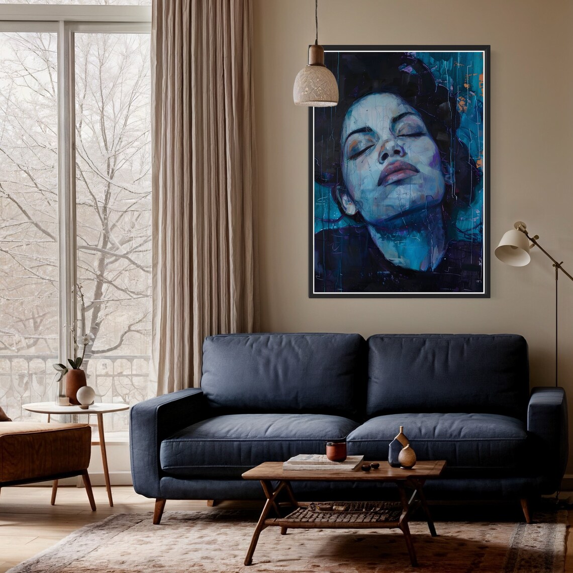 Blue Female Portrait Impasto Dark Expressive Woman Face Art Print - Image 3