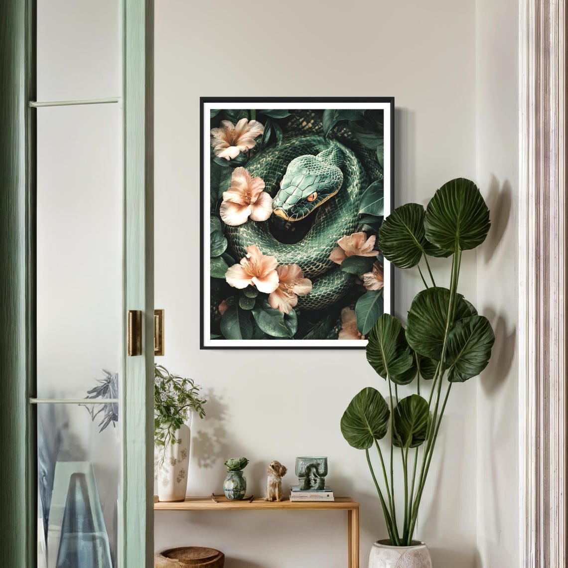 Green Tree Python Art Print Snake Painting Jungle Tropical Leaves Artwork Wildlife Decor Vintage Modern Style Exotic Snake Reptile Drawing - Image 3