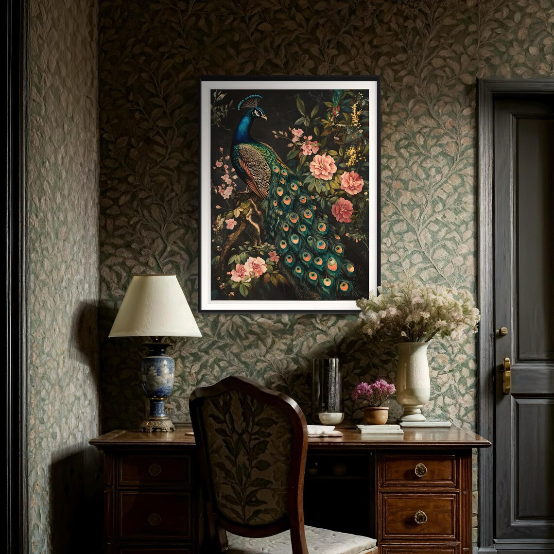 Peacock Tail Feathers Pink Flowers Dark Vintage Bird Portrait Poster - Image 4