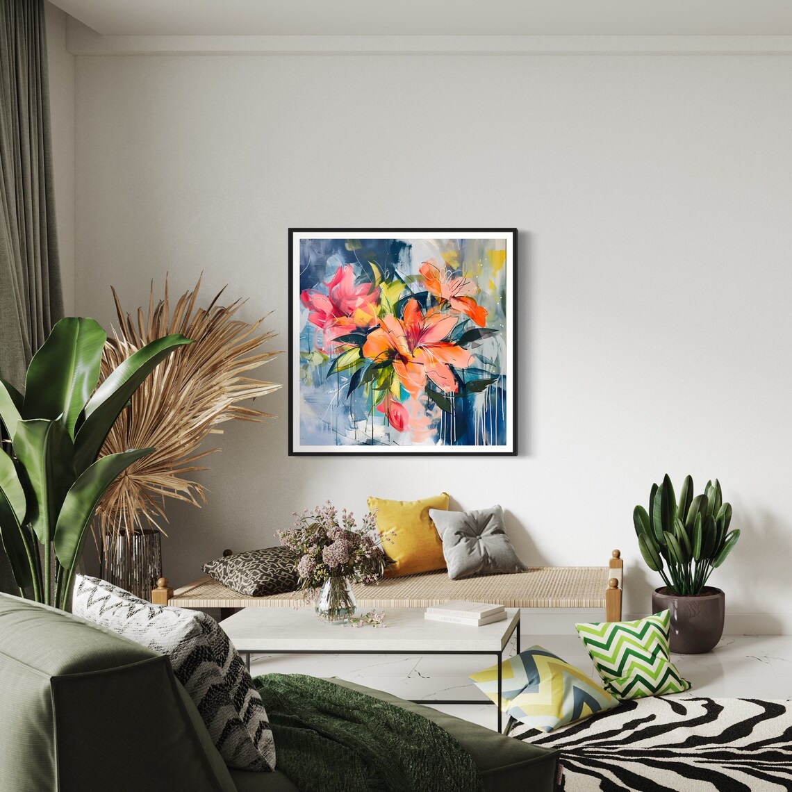 Pink Orange Lily Flowers Paint Drip Abstract Botanical Art Print - Image 4