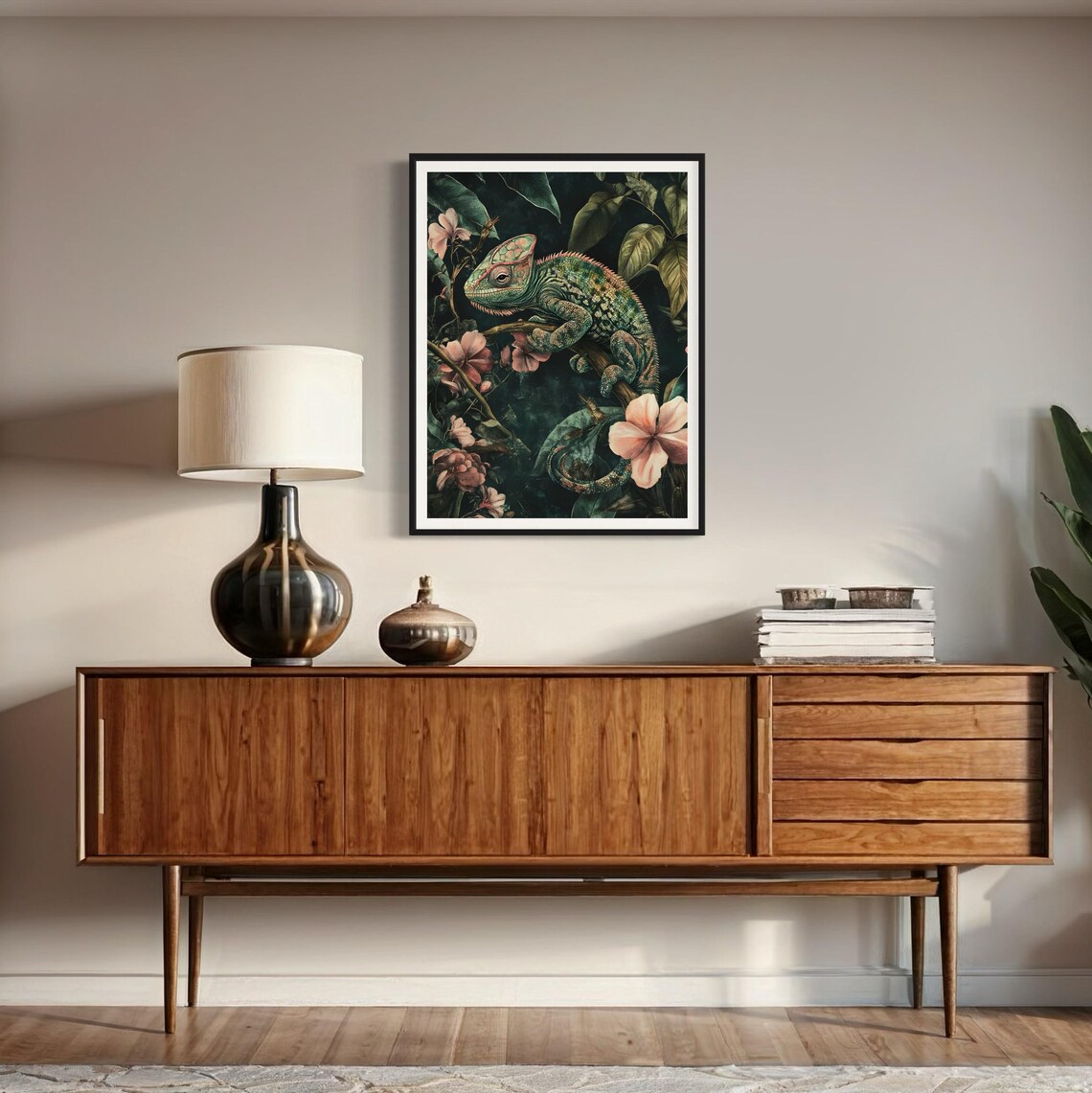 Chameleon Tropical Jungle Branch Pink Floral Vintage Wildlife Poster - Image 2