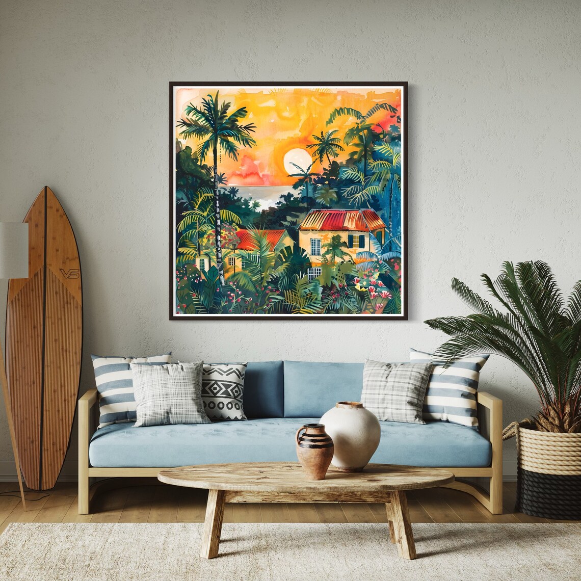 Tropical Island Sunrise Palm Trees Colorful Houses Ocean View Poster - Image 3