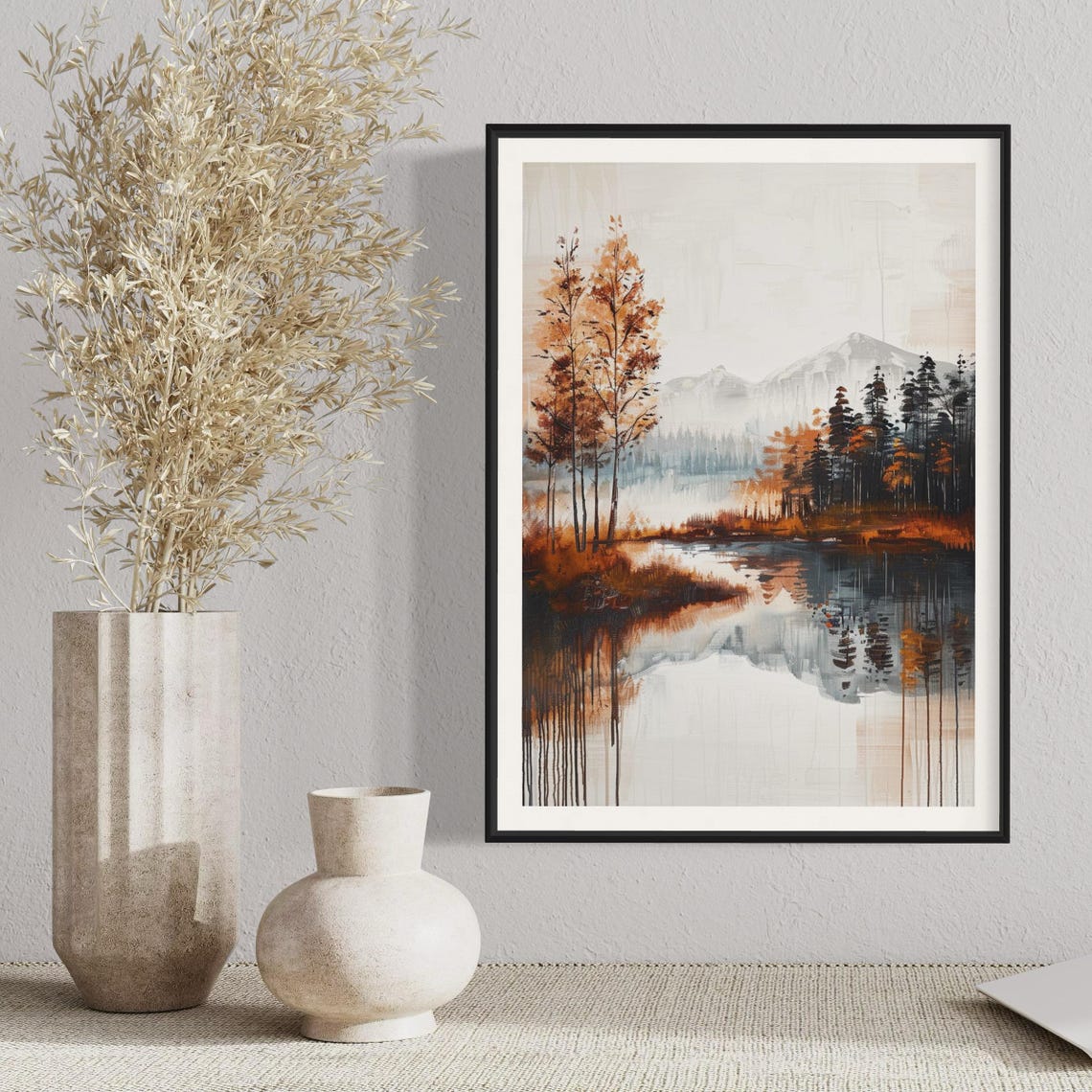 Minimalist Autumn Mountain Lake Reflection Watercolor Art Print - Image 4