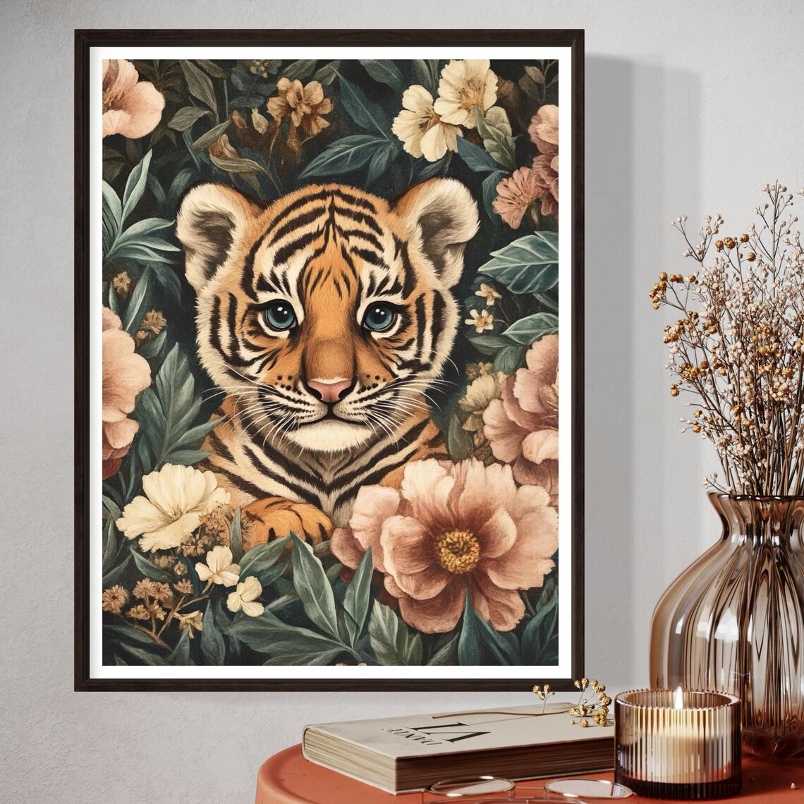 Cute Baby Tiger Cub Blue Eyes Floral Jungle Nursery Wildlife Poster - Image 3
