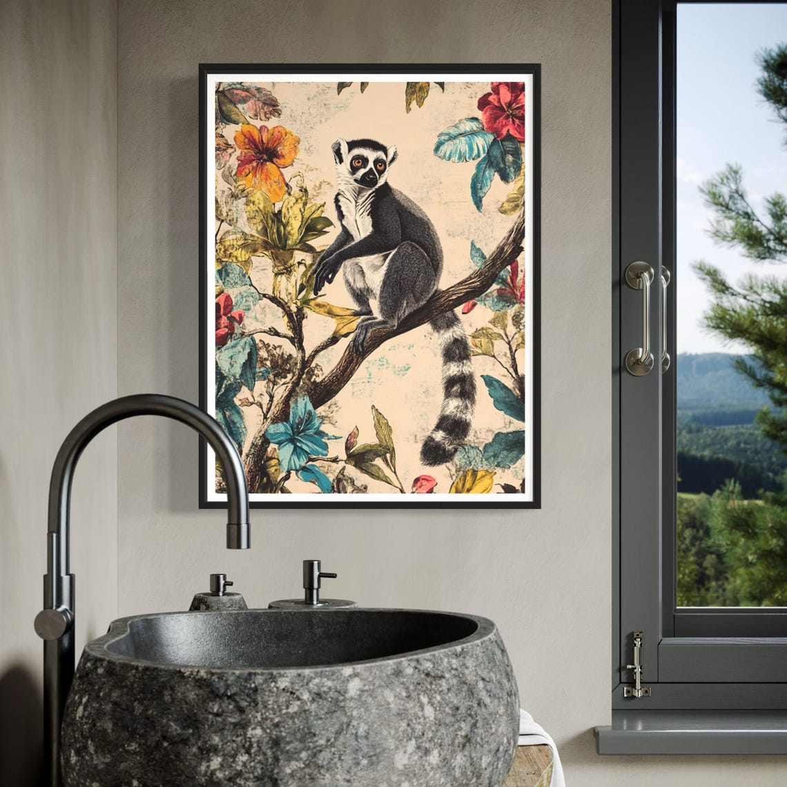 Ring Tailed Lemur Madagascar Tropical Flowers Branch Wildlife Poster - Image 3