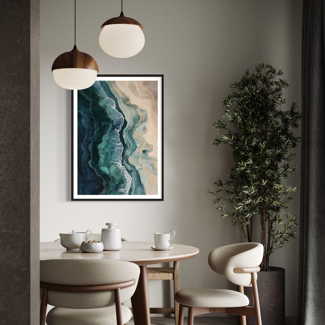Sandy Beach Ocean Waves Abstract Teal Cream Coastal Wall Art Print - Image 3