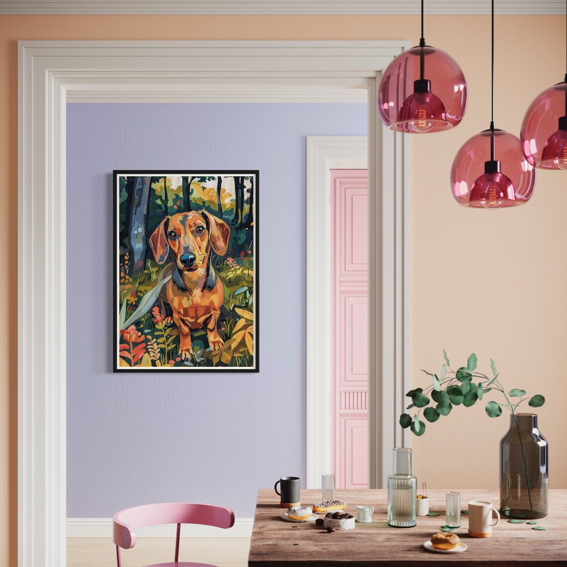 Red Dachshund Forest Flowers Bold Colorful Dog Painting Print - Image 4