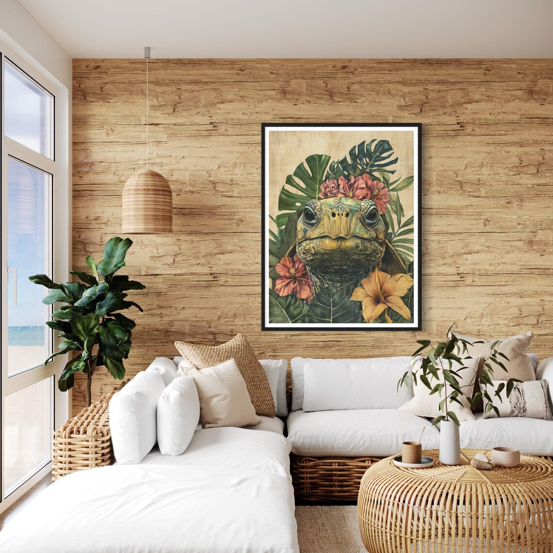 Tortoise With Monstera & Hibiscus, Tropical Art Print - Image 4