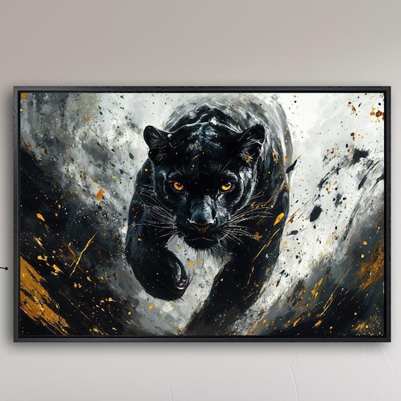 Fierce Black Panther Golden Splash Eyes Modern Big Cat Art Poster