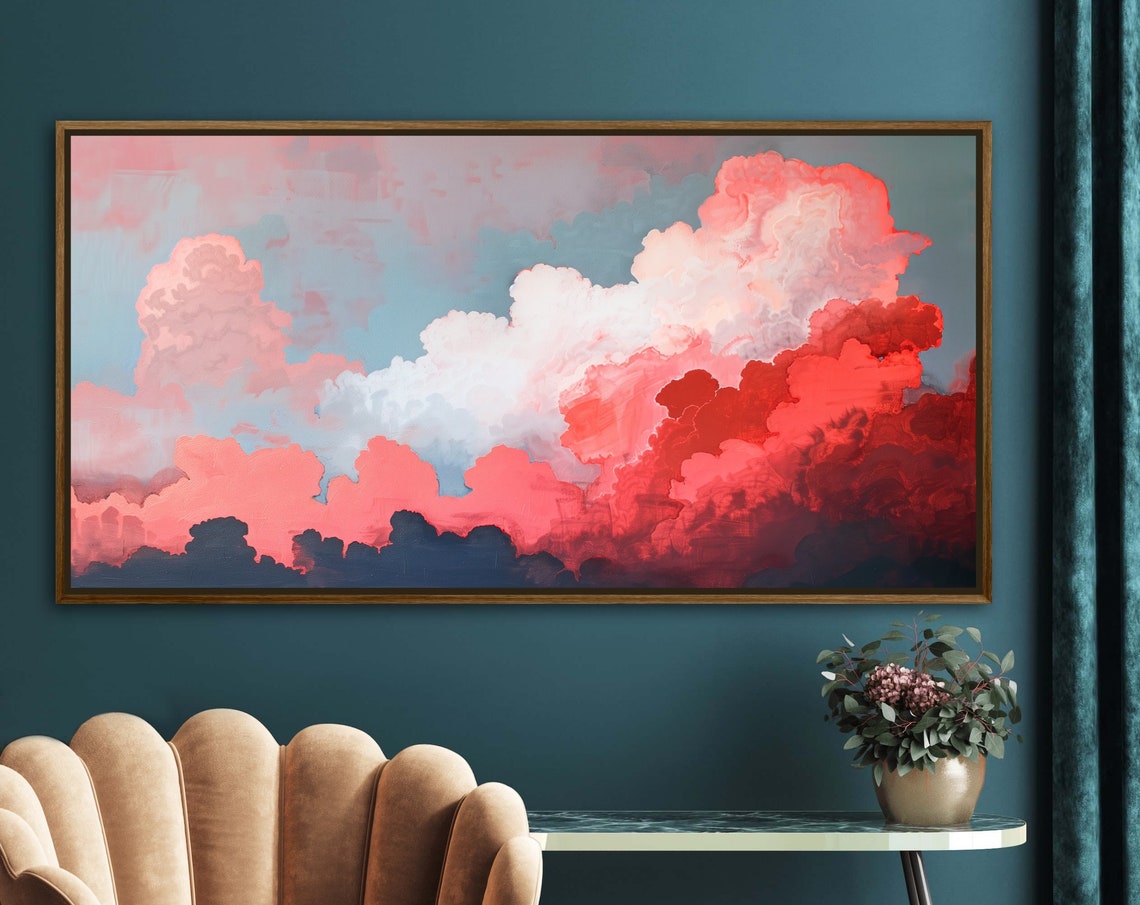 Dramatic Pink Red Cloudscape Moody Sky Painting Panoramic Wall Art