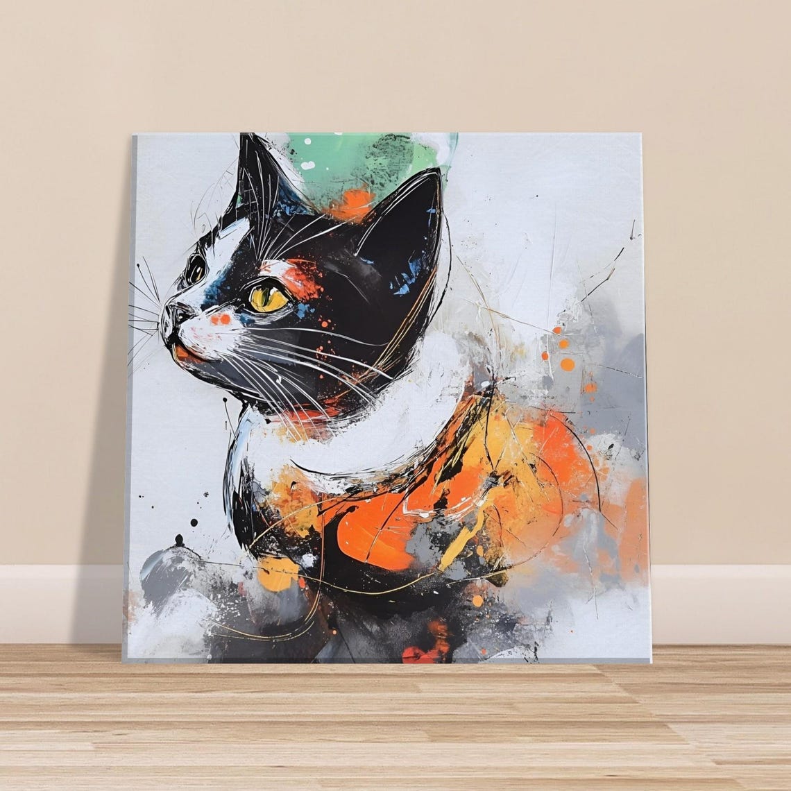 Colorful Abstract Black Cat Portrait Splash Art Painting Wall Art