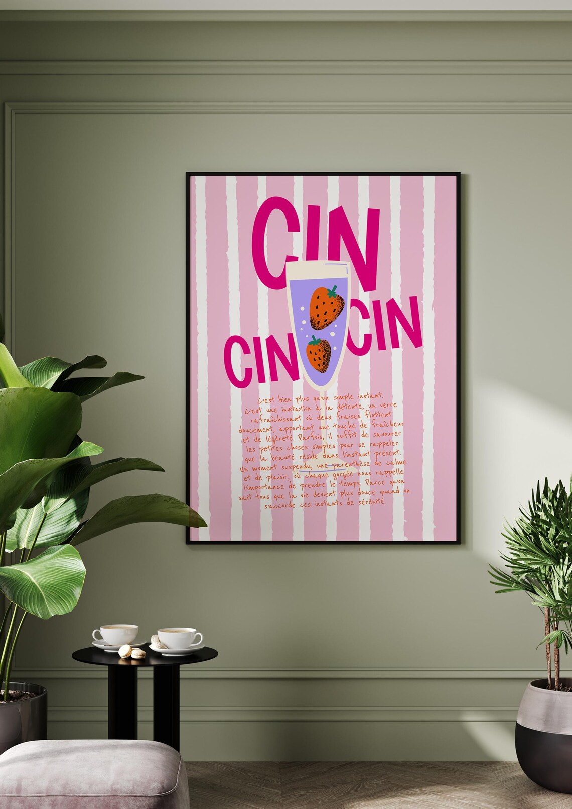Cin Cin Strawberry Cocktail Pink Striped French Quote Poster - Image 2