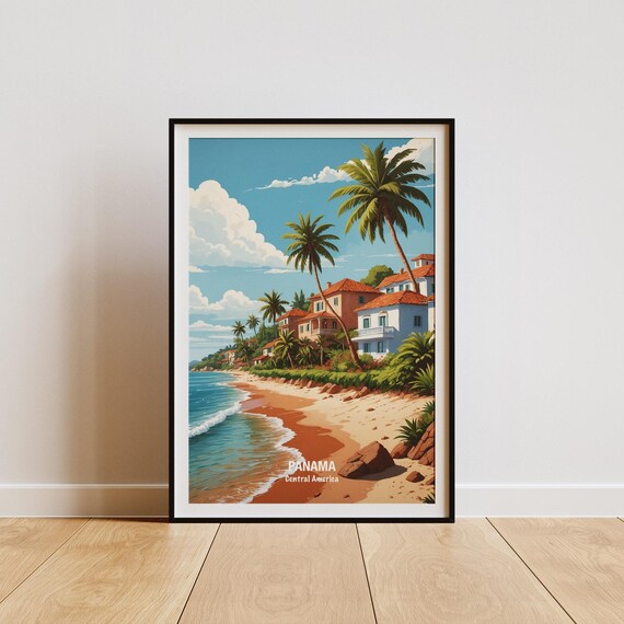 Panama Palm Lined Beach And Coastal Village Sunset Travel Poster