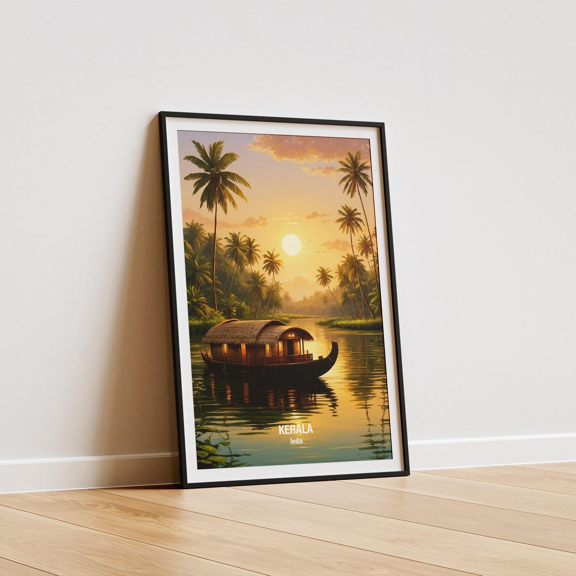 India Kerala Houseboat Backwaters Golden Sunset Palm Trees Poster - Image 5