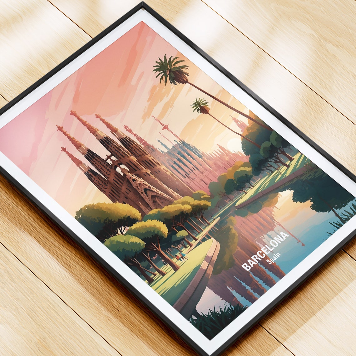 Barcelona Sagrada Familia Sunset Pond Mirror Reflection Poster - Image 4