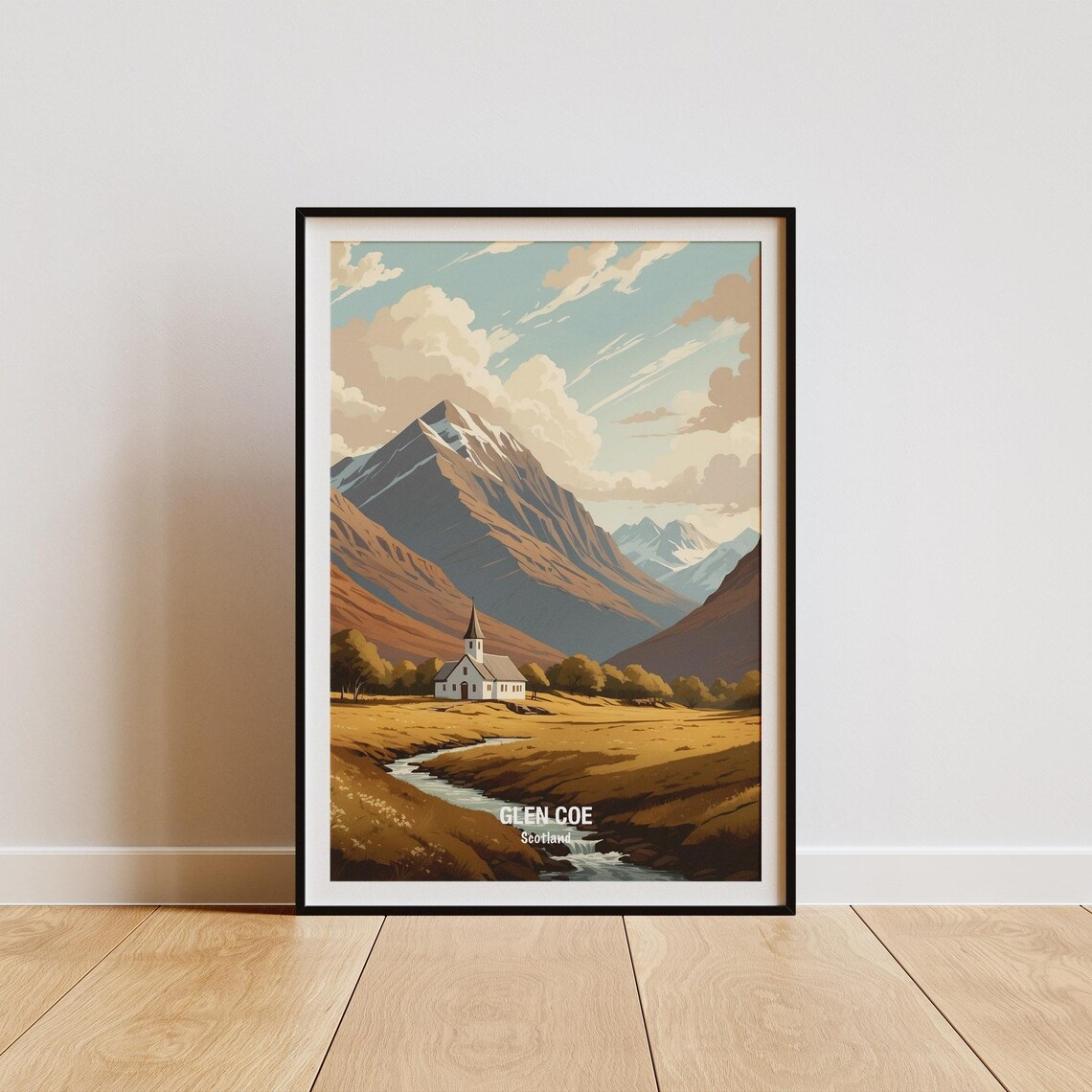 Glen Coe Scotland Valley Church Mountain Stream Autumn Poster