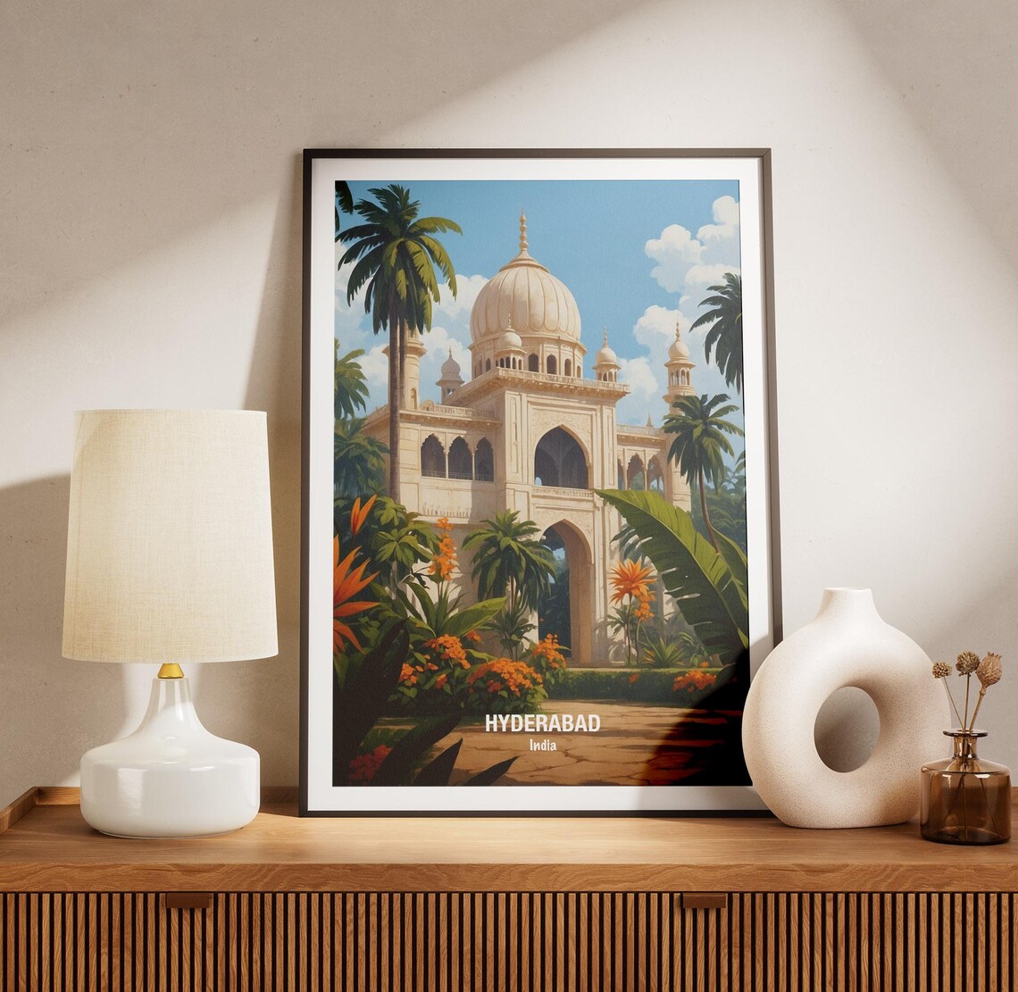 India Hyderabad White Domed Monument Palm Garden Vintage Poster - Image 3