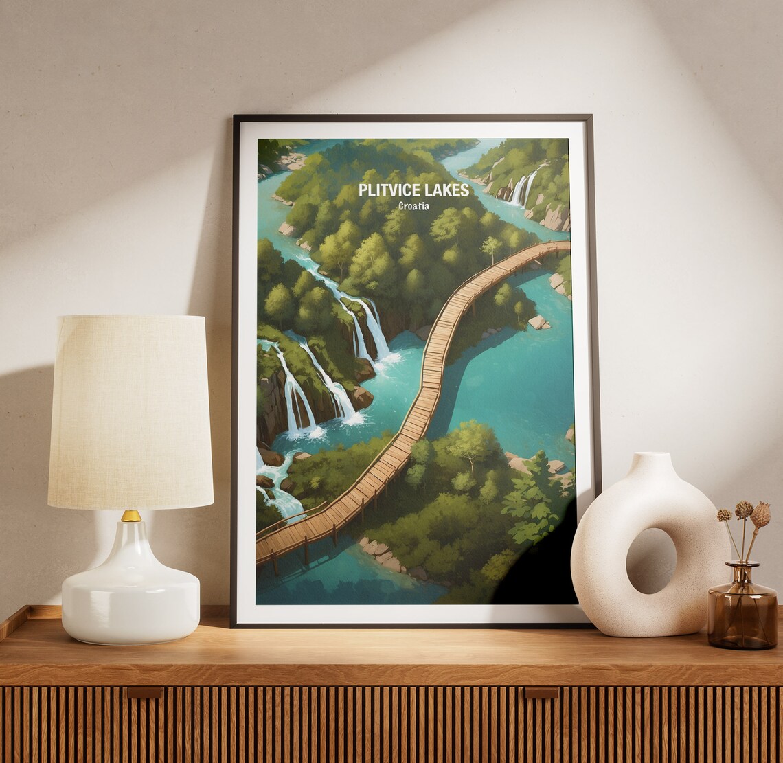 Plitvice Lakes Croatia Boardwalk Waterfalls Aerial View Poster - Image 3
