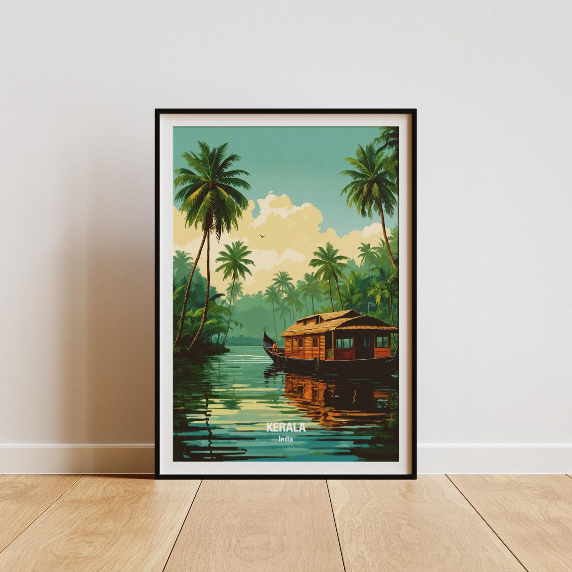 Kerala India Backwaters Houseboat Among Palm Trees Travel Poster