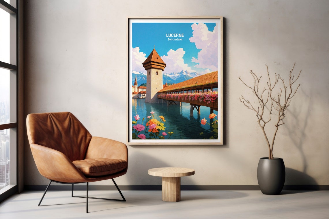 Lucerne Switzerland Chapel Bridge Flower Boxes River Alps Poster - Image 2