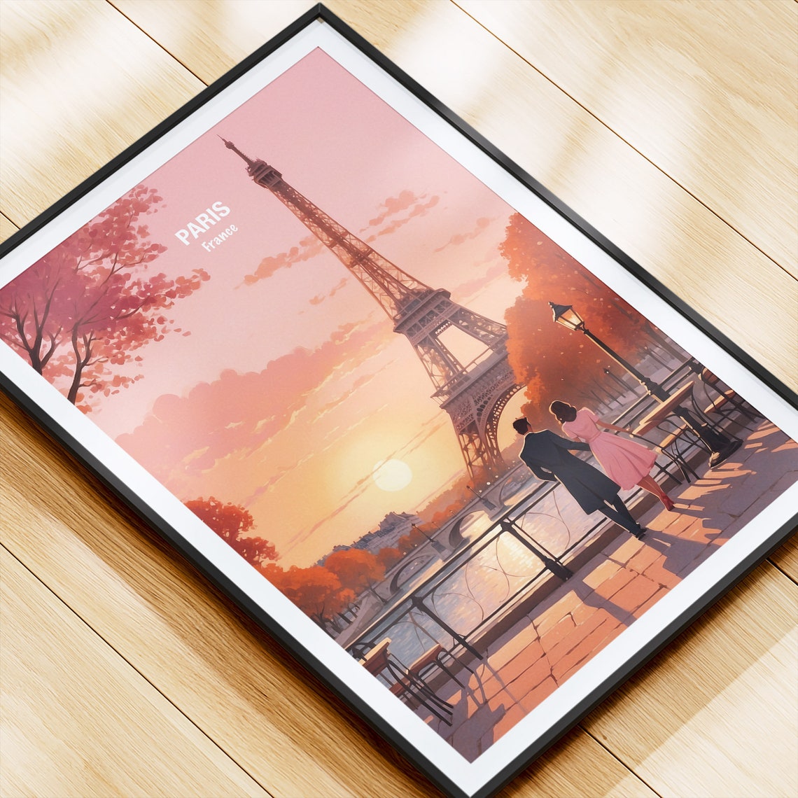 Paris Eiffel Tower Pink Sunset Riverside Couple Evening Walk Poster - Image 4
