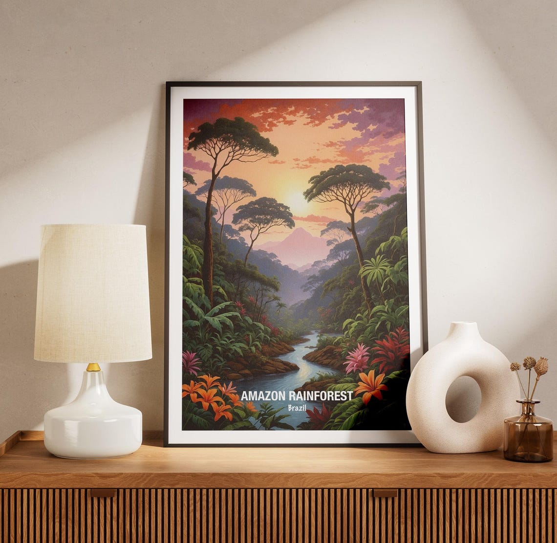 Amazon Rainforest River Valley Sunset Tropical Flowers Poster - Image 3