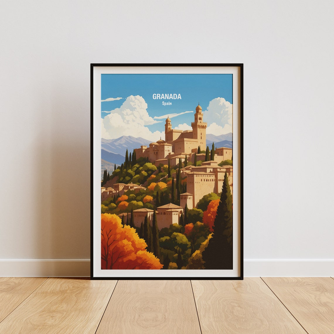 Granada Spain Alhambra Hilltop Cypress Trees Bright Daytime Poster