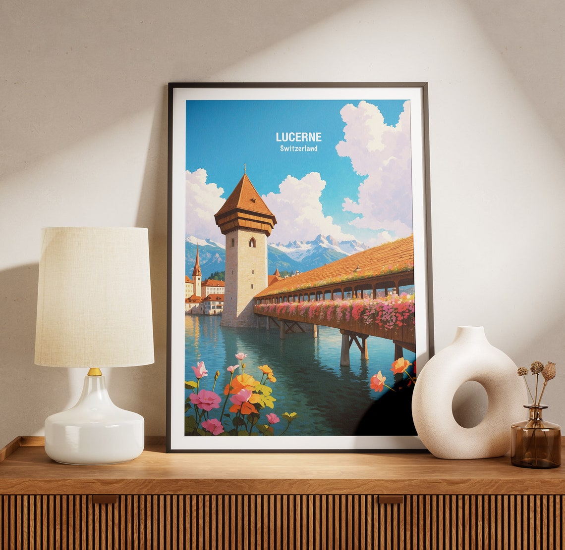 Lucerne Switzerland Chapel Bridge Flower Boxes River Alps Poster - Image 3