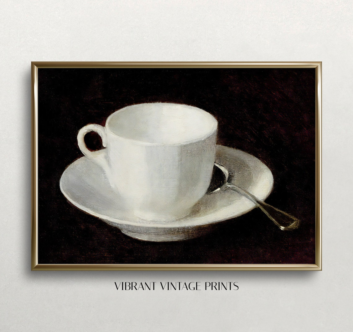 Coffee Cup Vintage Wall Art Dark Moody Wall Art White Cup And Saucer Coffee Wall Decor Wall Art 371