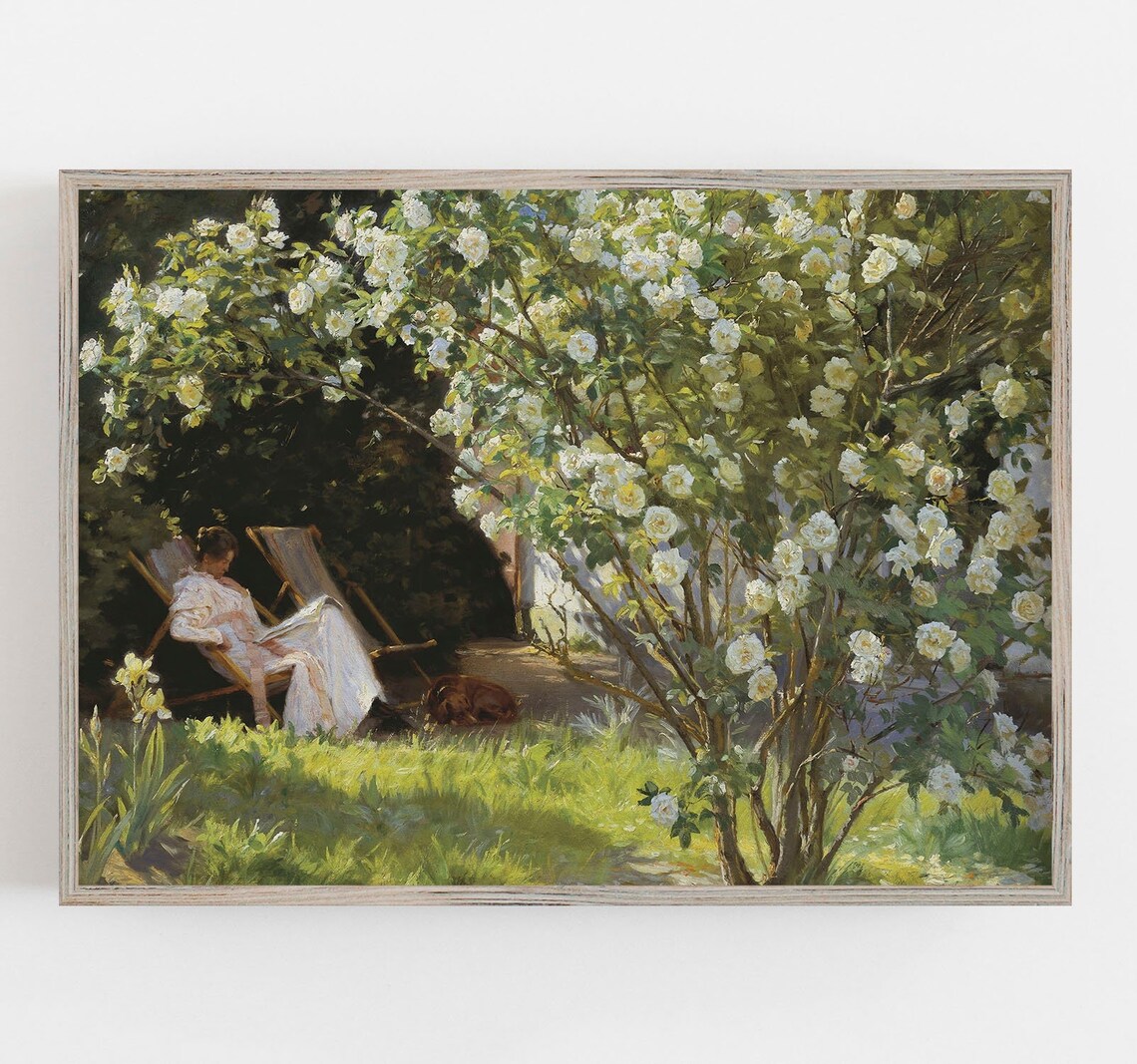 Rose Garden Vintage Painting, Farmhouse Art Print
