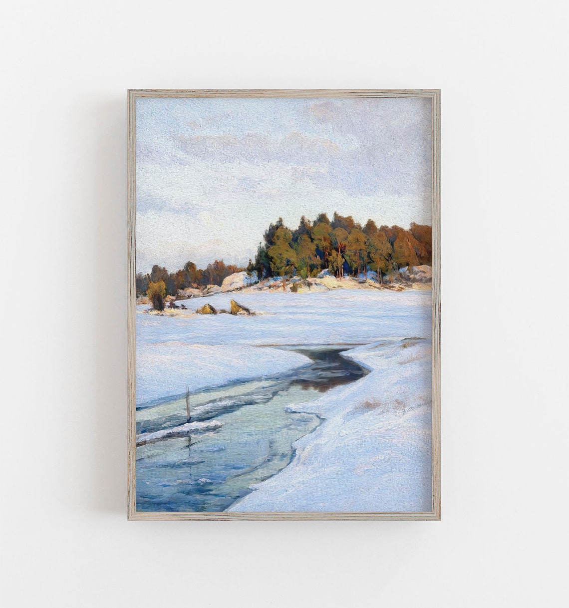 Winter Stream Melting Snow Rocky Island Pines Vintage Wall Art