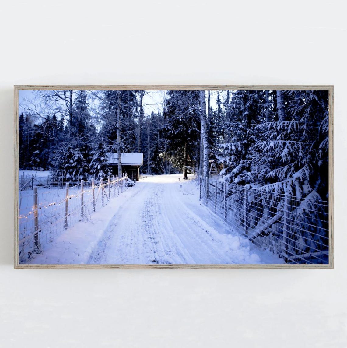 Snowy Forest Road Winter Cabin Christmas String Lights Photo Poster