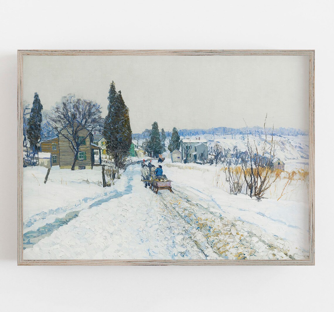 Muted Winter Village Sleigh Snowy Road Antique Oil Painting Wall Art