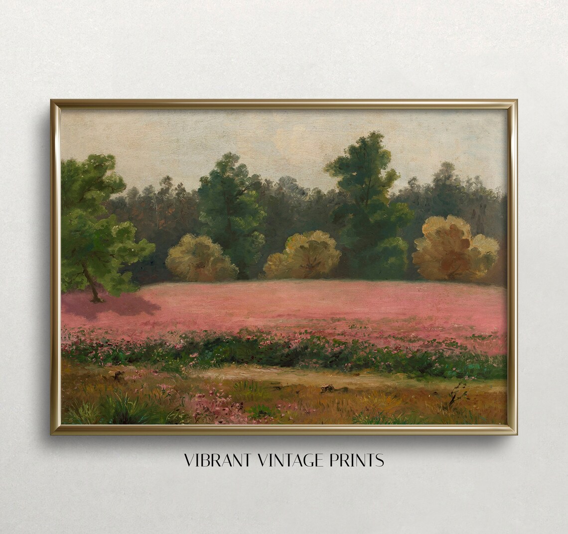 Pink Flowers Vintage Art Print, Clover Field