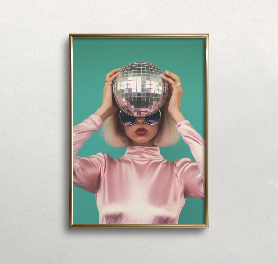 Woman Holding Disco Ball Retro Party Pop Teal Pink Glamour Poster