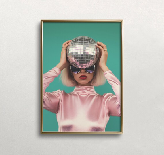 Woman Holding Disco Ball Retro Party Pop Teal Pink Glamour Poster