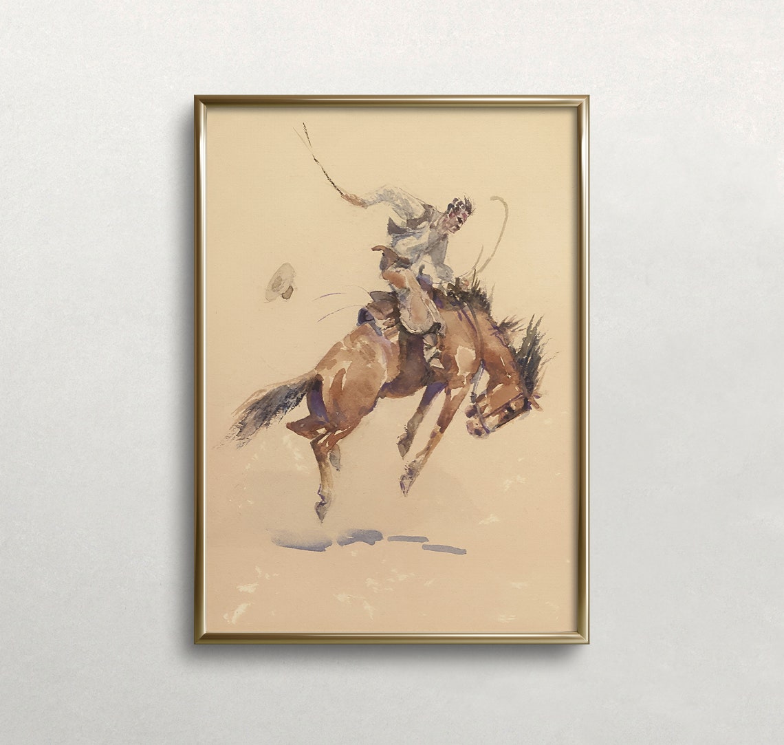 Cowboy Riding Bucking Bronco Watercolor Western Rodeo Art Print