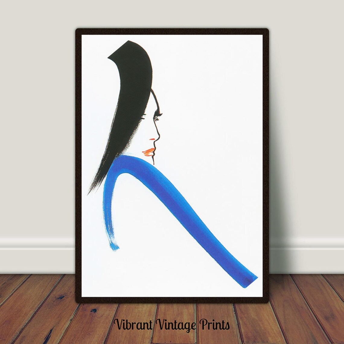 Minimalist Woman Profile Blue Dress Black Hair Fashion Art Print