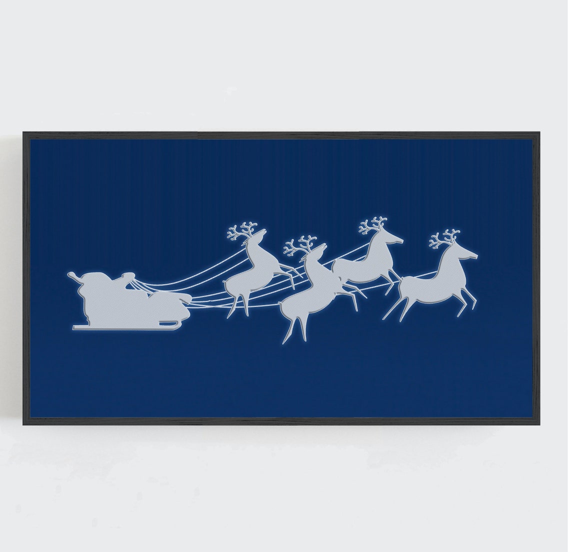 Santa Sleigh Reindeer White Silhouette Navy Christmas Wall Art