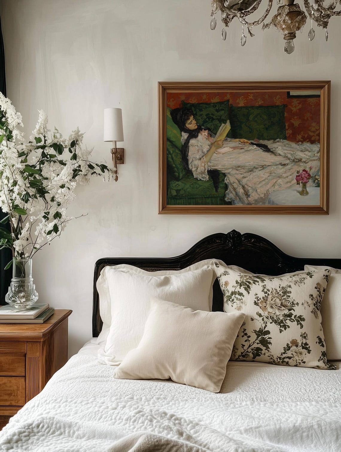 Woman Reading Book On Green Velvet Sofa Vintage Painting Art Print - Image 2