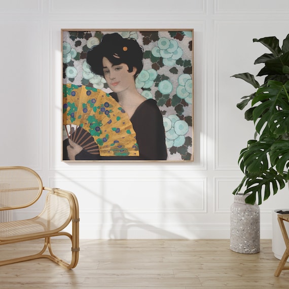 Woman Gold Fan Black Dress Decorative Vintage Portrait Art Print
