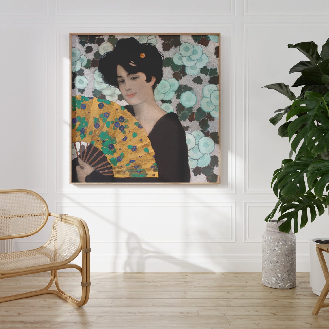 Woman Gold Fan Black Dress Decorative Vintage Portrait Art Print