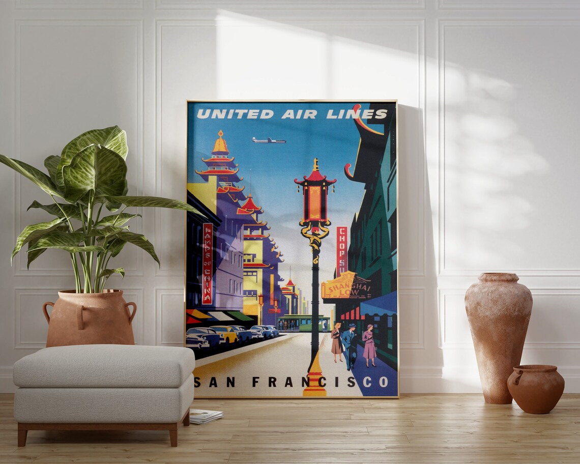 United Air Lines San Francisco Chinatown Vintage Airline Travel Poster