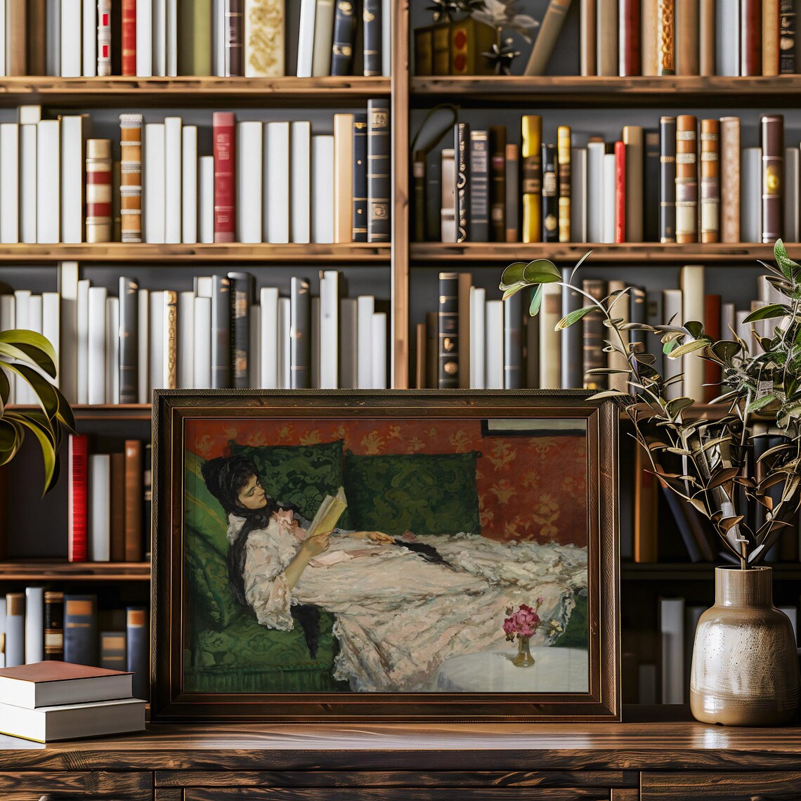 Woman Reading Book On Green Velvet Sofa Vintage Painting Art Print - Image 4