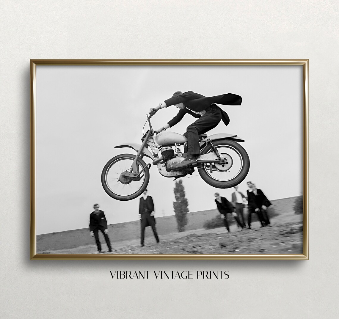 Vintage Motorcycle Rider Black And White Art Print