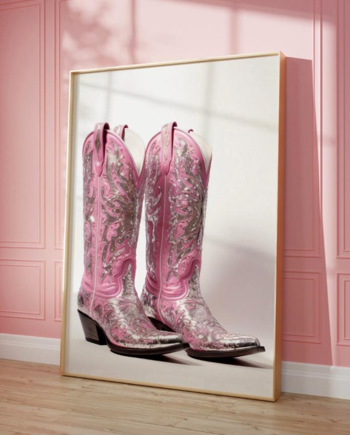 Pink Sparkly Cowboy Boots Silver Embroidery Western Fashion Poster - Image 2