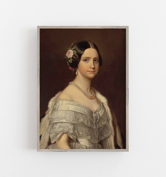 Victorian Woman White Gown Pearls Fur Wrap Vintage Portrait Art Print
